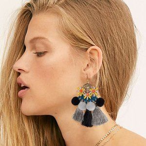 Free People Dangling Tassels Earrings Gold Black Grey Silky Fan Pompon